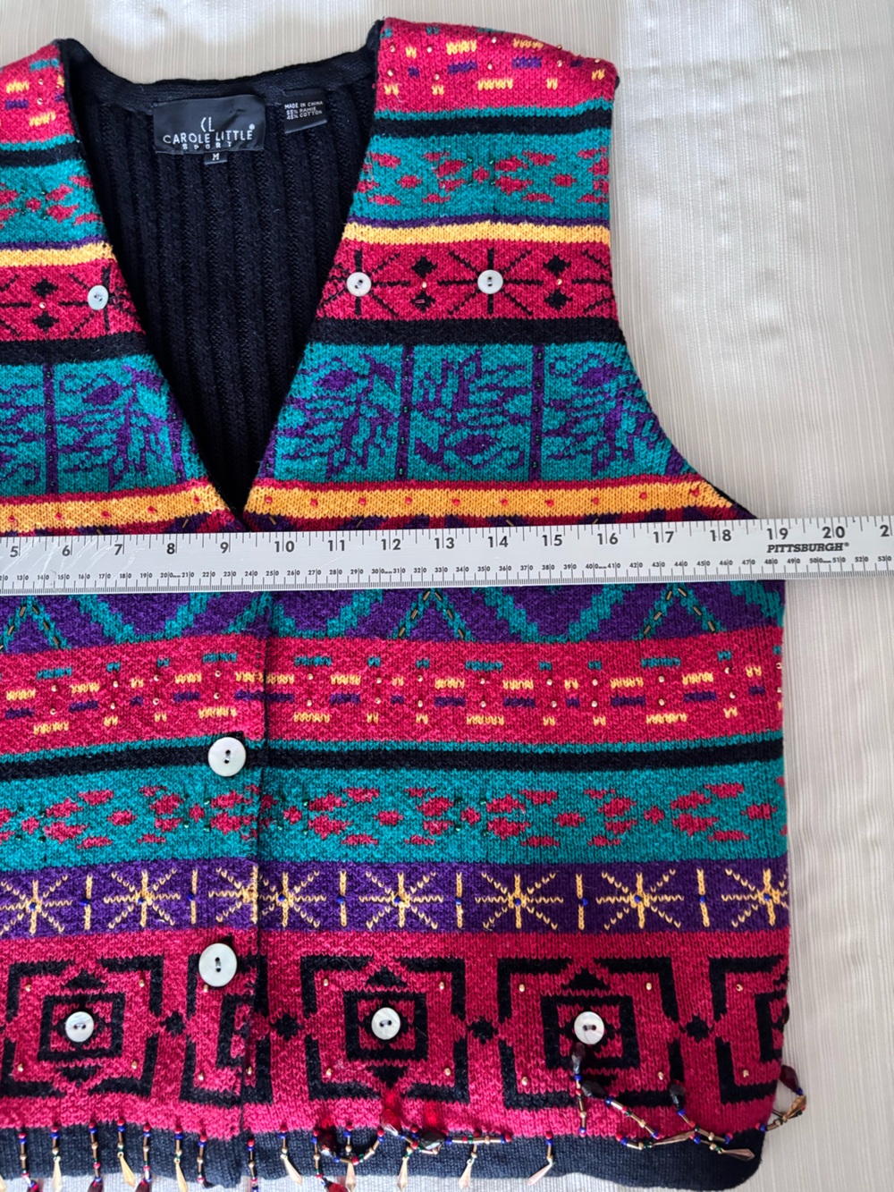 Carole Little Vintage 90s Knit Beaded Fringe Sweater Vest Geometric M - Picture 6 of 7